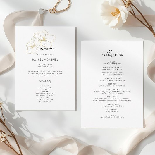 White | Chic Faux Gold Floral Wedding  プログラム