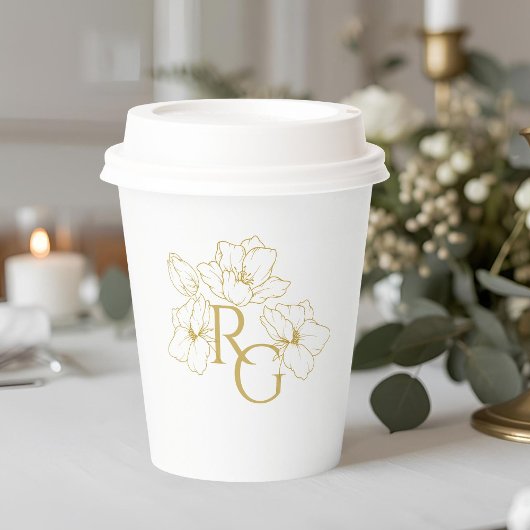 White | Chic Faux Gold Monogram Wedding 紙コップ
