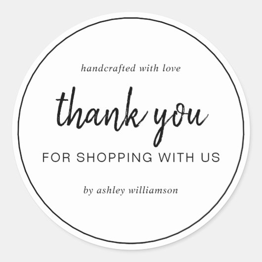 White Chic Script Thank You For Shopping ラウンドシール (正面)