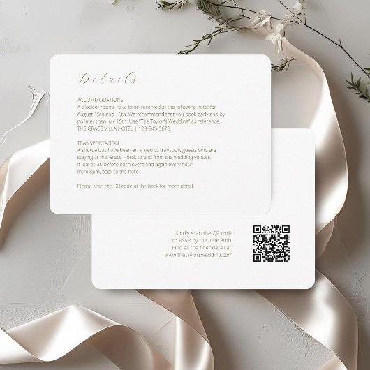 White | Chic Script Wedding Detail QR Code  エンクロージャーカード
