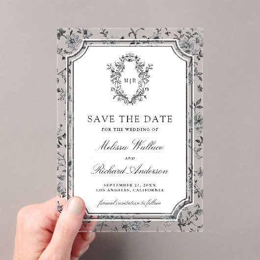 White Chinoiserie Crest Wedding Save the Date アクリル招待状 (インサイチュ (ポータブル))