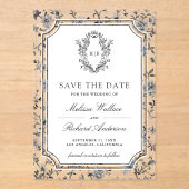 White Chinoiserie Crest Wedding Save the Date アクリル招待状 (正面)