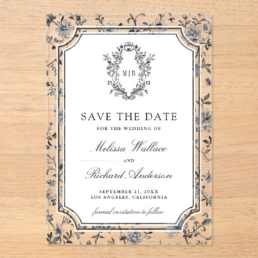 White Chinoiserie Crest Wedding Save the Date アクリル招待状 (正面)