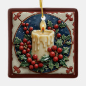 White Christmas Candle Customizable Square セラミックオーナメント (正面)