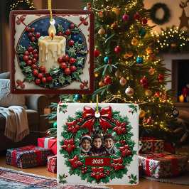 White Christmas Candle Customizable Square セラミックオーナメント