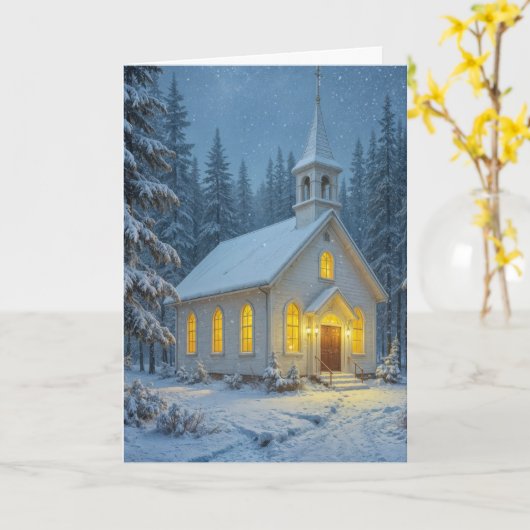 White Christmas Chapel In Winter Pines カード (黄色い花)