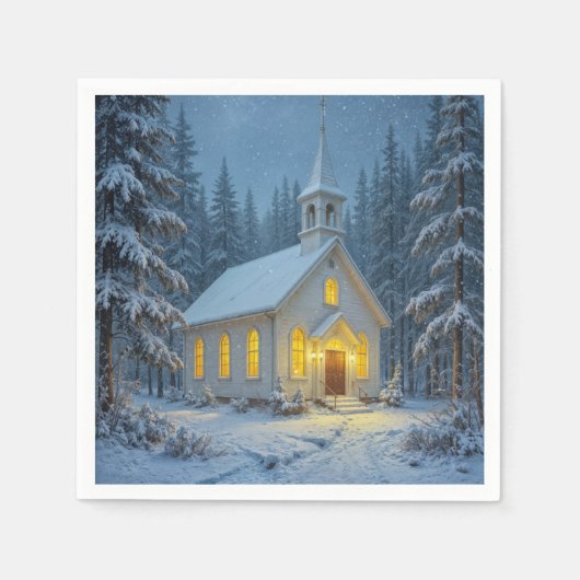 White Christmas Chapel In Winter Pines スタンダードカクテルナプキン (正面)
