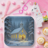 White Christmas Chapel In Winter Pines ペーパープレート (パーティー)