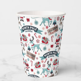 White Christmas Cheer. North Pole Santa & Reindeer 紙コップ