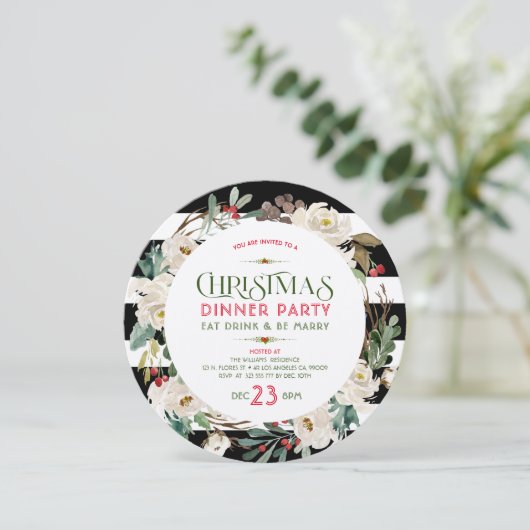White Christmas Flowers Wreath & Stripes Pattern 招待状 (スタンド正面)