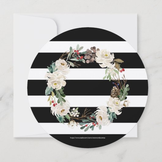 White Christmas Flowers Wreath & Stripes Pattern 招待状 (裏面)