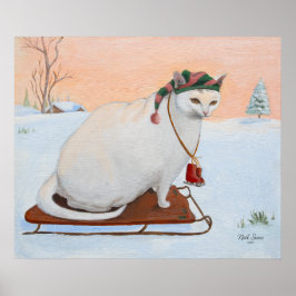 White Christmas Holiday Cat in Snow Wall Art ポスター