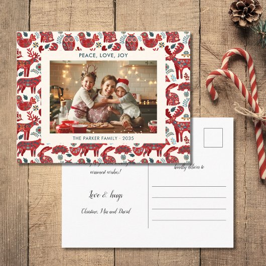 White Christmas Woodland Animals Folk Art Photo シーズンポストカード