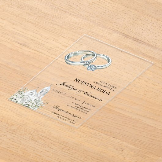 White church with ring Spanish Wedding アクリル招待状 (レイダウン)