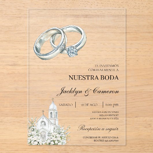 White church with ring Spanish Wedding アクリル招待状 (正面)