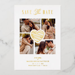 White Collage Wedding Golden Heart 4 Photos Real  箔招待状