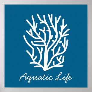 White coral on blue aquatic life ポスター