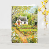 White Cottage in Summer Hello Greeting カード (黄色い花)