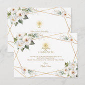 White Cream Floral Gold Girl First Holy Communion  サンキューカード (正面/裏面)