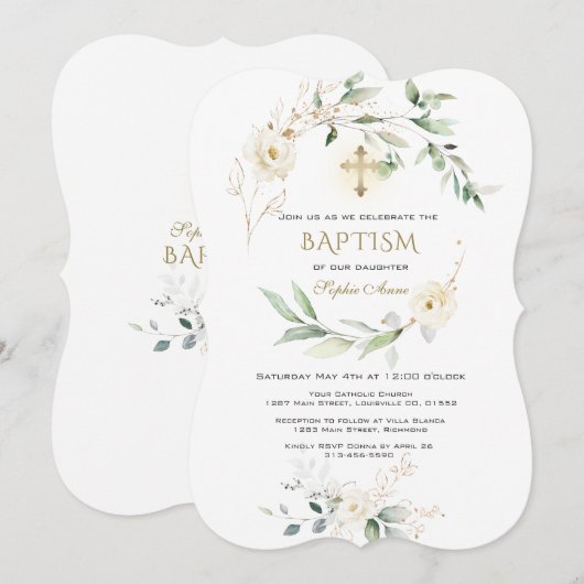 White Cream Floral Greenery Gold Cross Baptism  招待状 (正面/裏面)
