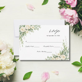White Cream Watercolor Florals Roses Wedding 出欠カード