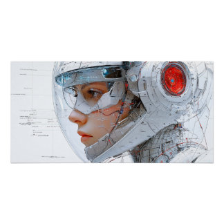 White cybernetic woman with intricate schematic ci ポスター