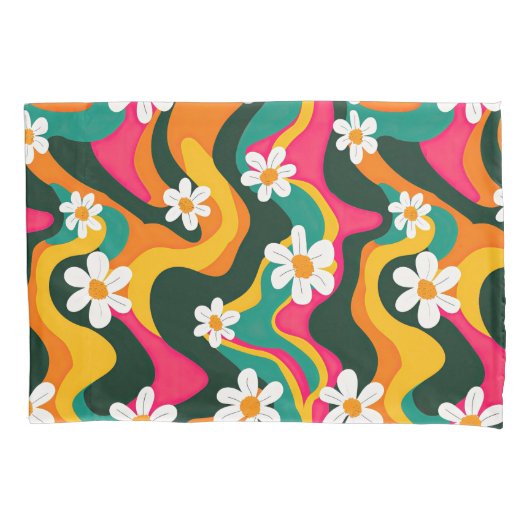 White Daisies Hippie Floral Pattern Colorful Retro 枕カバー (正面)