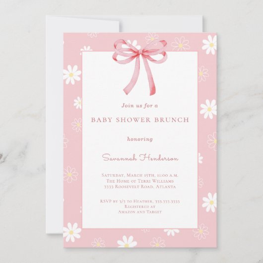 White Daisies Pink Bow Ribbon Baby Shower Brunch  招待状 (正面)