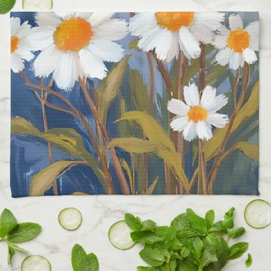 White Daisies Watercolor Flowers Painted キッチンタオル (折り畳み)