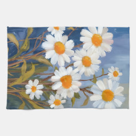 White Daisies Watercolor Flowers Painted キッチンタオル