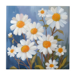 White Daisies Watercolor Flowers Painted タイル