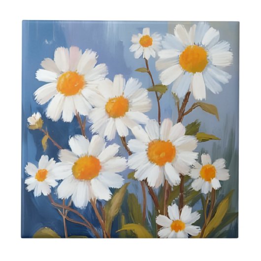 White Daisies Watercolor Flowers Painted タイル (正面)