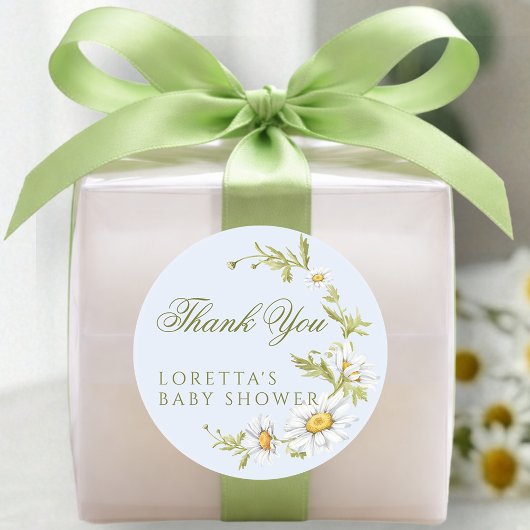 White Daisy Floral Baby Shower Thank You Blue ラウンドシール