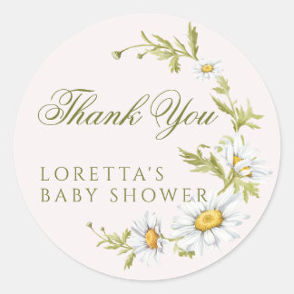 White Daisy Floral Baby Shower Thank You Pink ラウンドシール