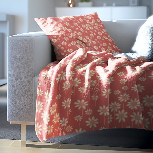 White Daisy Floral Pattern Custom Name  クッション