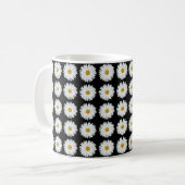 White Daisy Floral Pattern on Black コーヒーマグカップ (正面左)