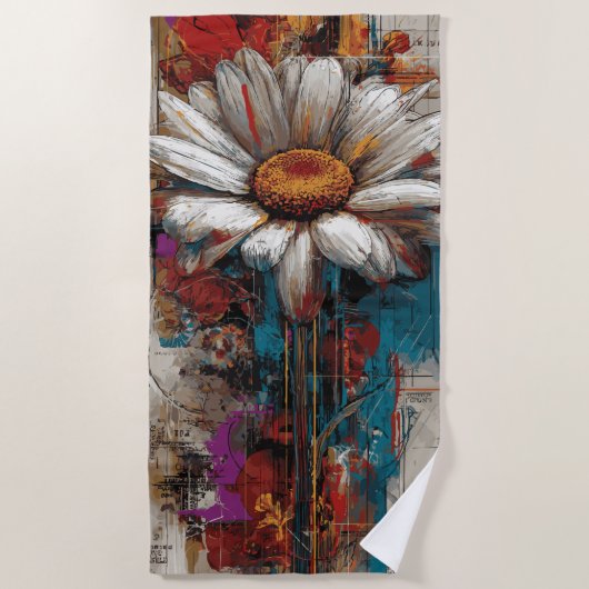 White Daisy Urban Collage Flower Art ビーチタオル (正面)