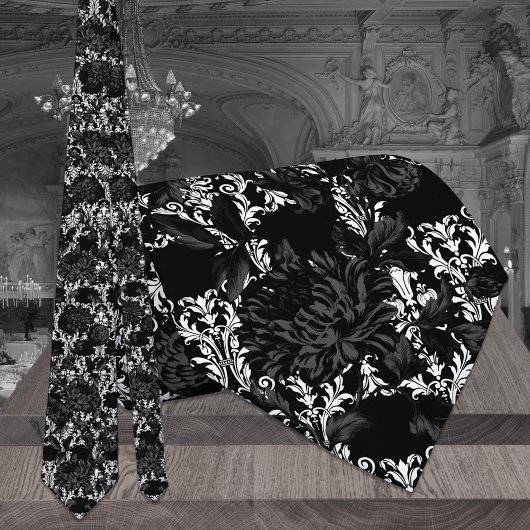 White Damask Black Floral Wedding Neck Tie ネクタイ