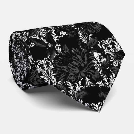 White Damask Black Floral Wedding Neck Tie ネクタイ (ロール)