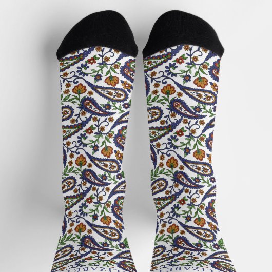 White Dark Navy Blue Green Paisley Pattern ソックス (上部)