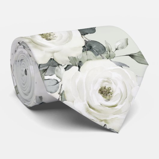 White Desdemona Roses Wedding Sage Green ネクタイ (ロール)