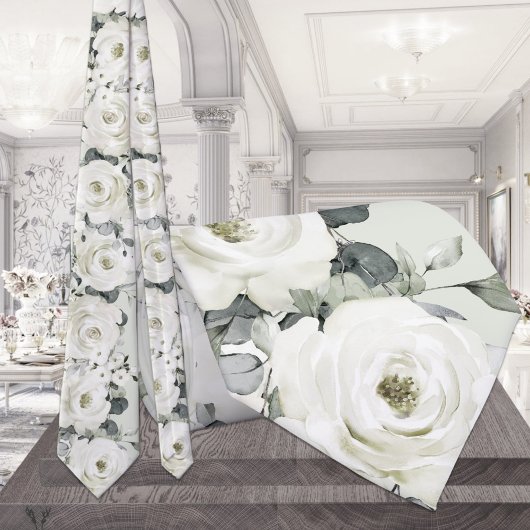 White Desdemona Roses Wedding Sage Green ネクタイ