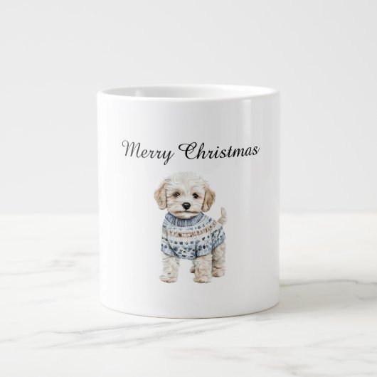 White Dog in Blue Sweater Christmas ジャンボコーヒーマグカップ (正面)