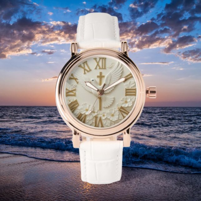 White dove golden cross religious faith Christian  腕時計 (クリエイターアップロード済み)