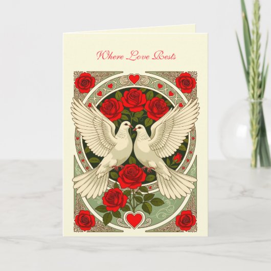 White Doves and Red Roses Art Nouveau カード (正面)