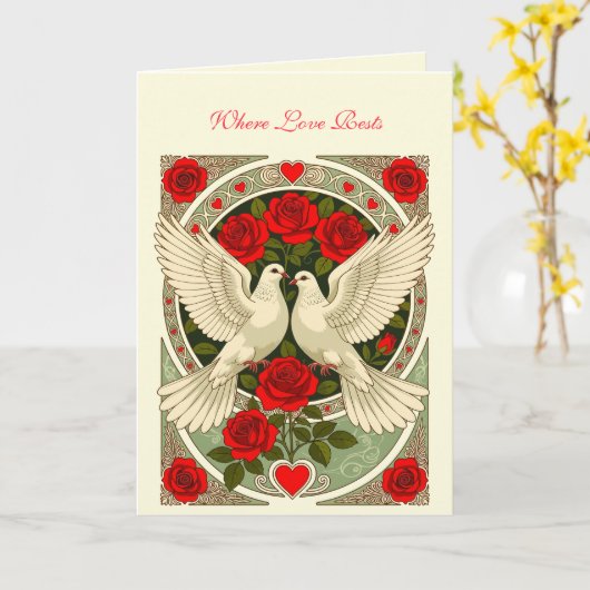 White Doves and Red Roses Art Nouveau カード (黄色い花)