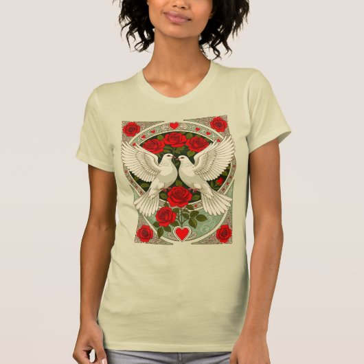 White Doves and Red Roses Art Nouveau Tシャツ (正面)