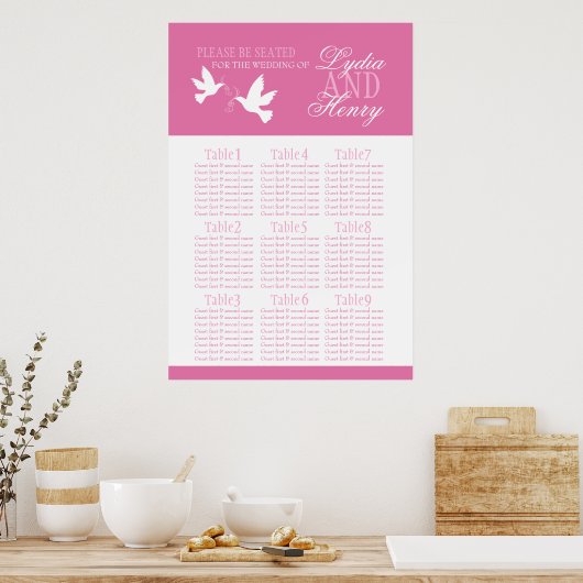White doves pink wedding seating table plan 1-9 ポスター (キッチン)