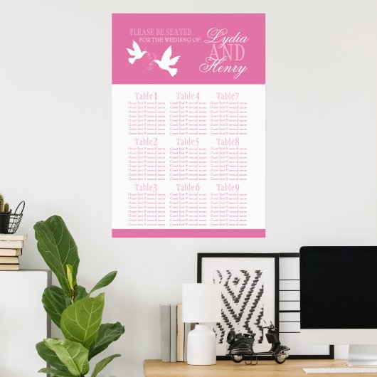 White doves pink wedding seating table plan 1-9 ポスター (ホームオフィス)