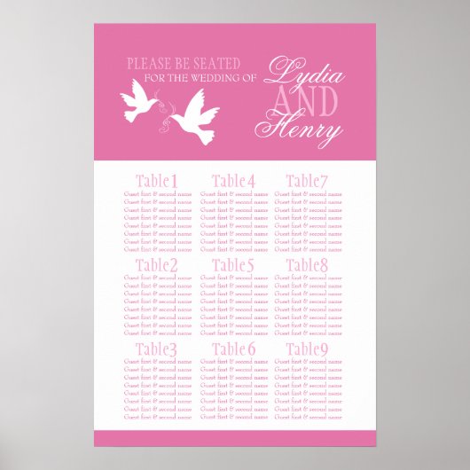 White doves pink wedding seating table plan 1-9 ポスター (正面)